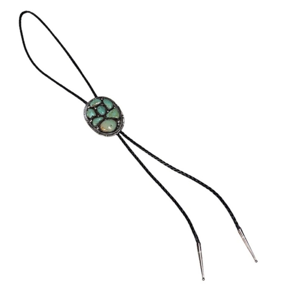 Sterling Silver Turquoise Bolo Tie Mens OS Green Southwestern Signed MT - Picture 6 of 6